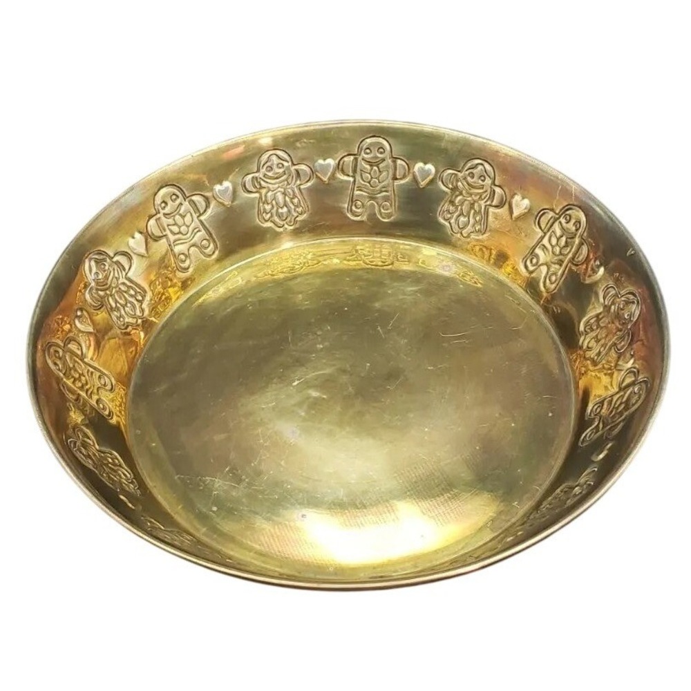 Vintage Brass‎ Bowl Dish Plate with Gingerbread Men Design Holiday Decor
